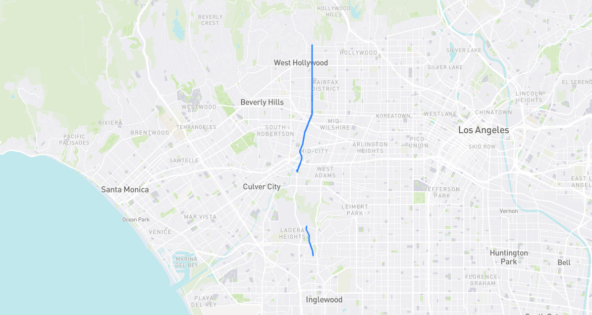Map of Fairfax Avenue in Los Angeles County, California