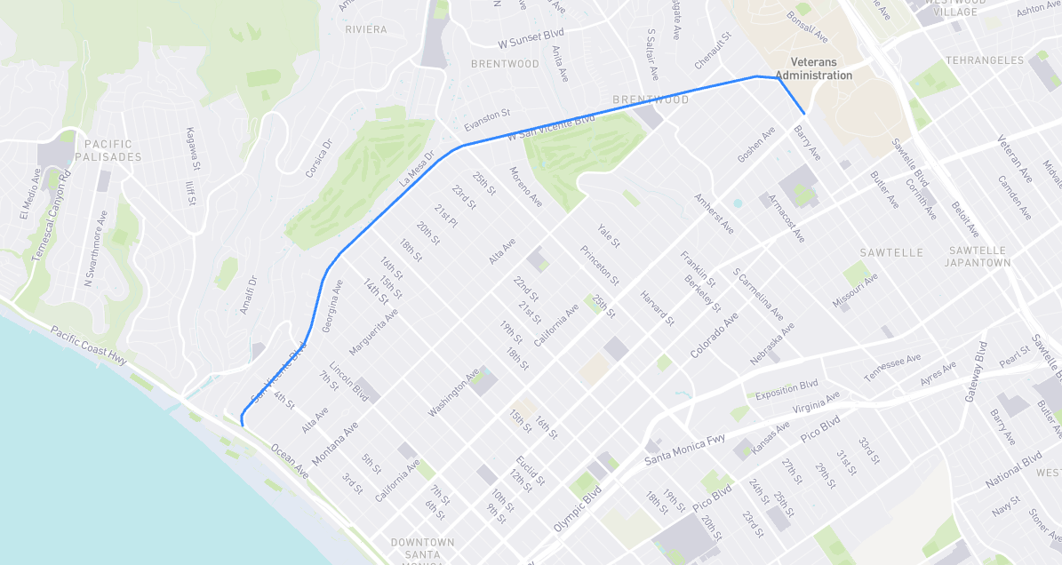 Map of San Vicente Boulevard (Westside) in Los Angeles County, California