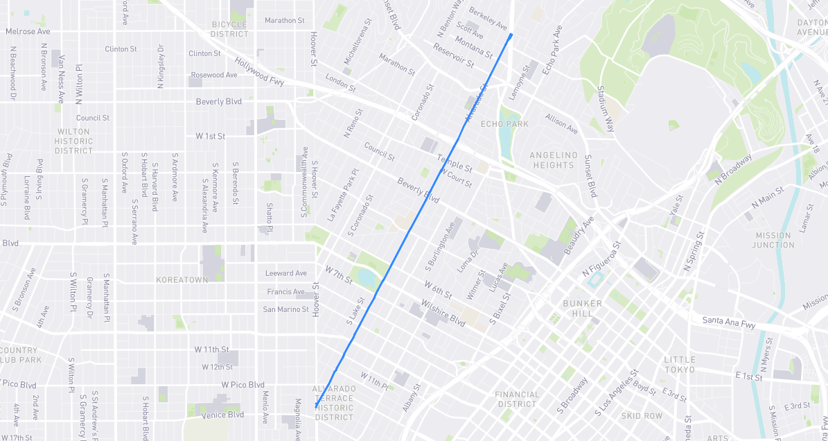 Map of Alvarado Street in Los Angeles County, California