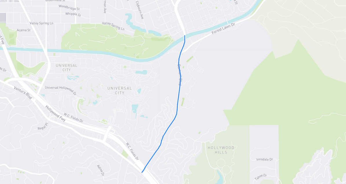 Map of Barham Boulevard in Los Angeles County, California