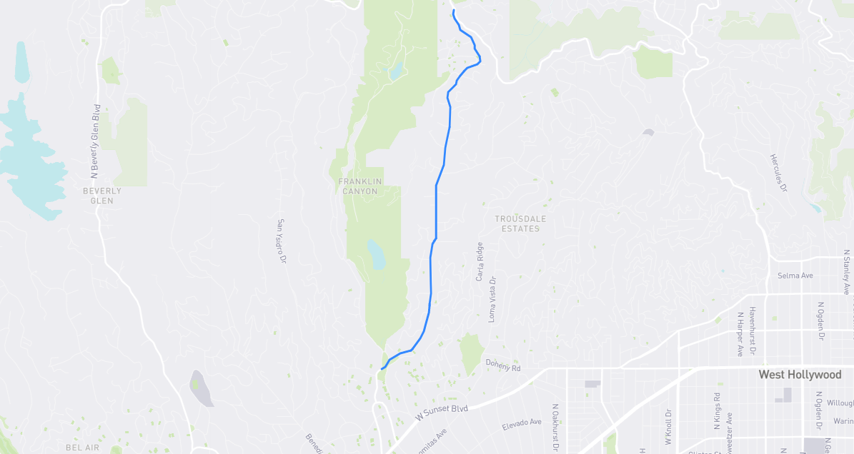 Map of Coldwater Canyon Drive in Los Angeles County, California
