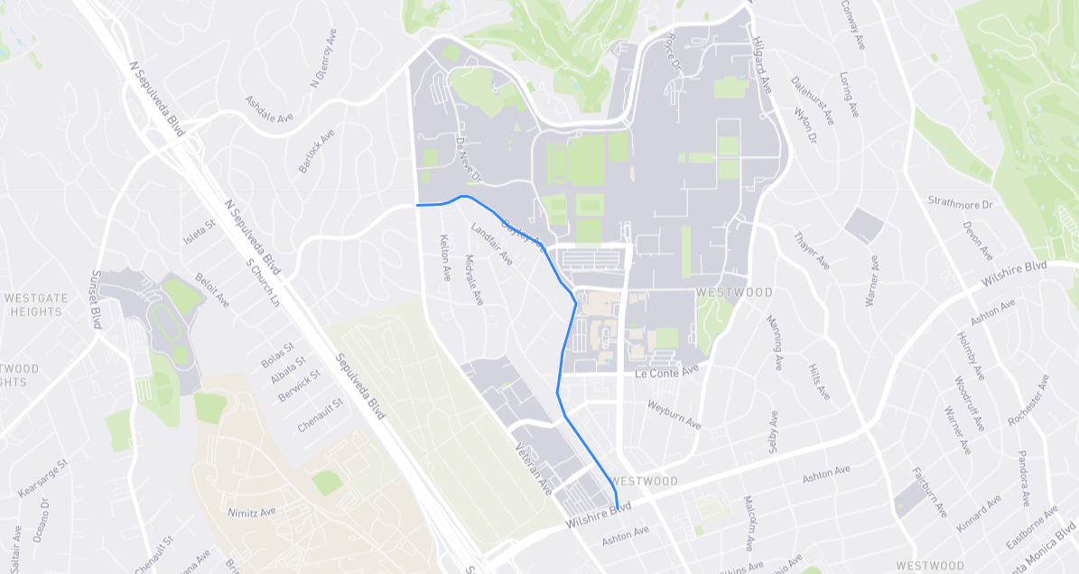 Map of Gayley Avenue in Los Angeles County, California