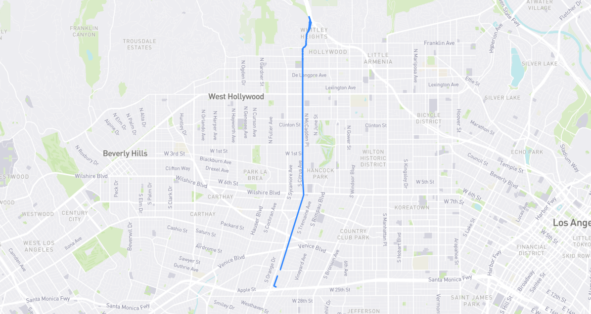 Map of Highland Avenue in Los Angeles County, California