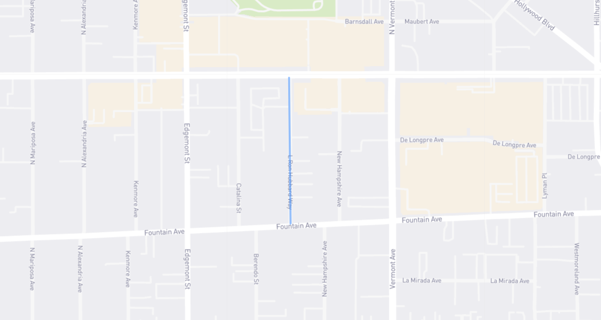 Map of L. Ron Hubbard Way in Los Angeles County, California