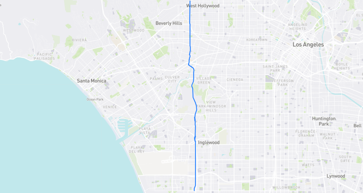 Map of La Cienega Boulevard in Los Angeles County, California