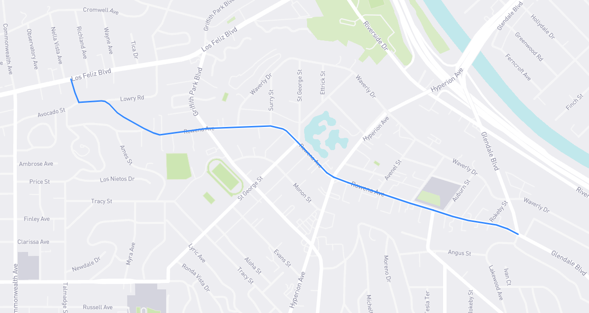 Map of Rowena Avenue in Los Angeles County, California