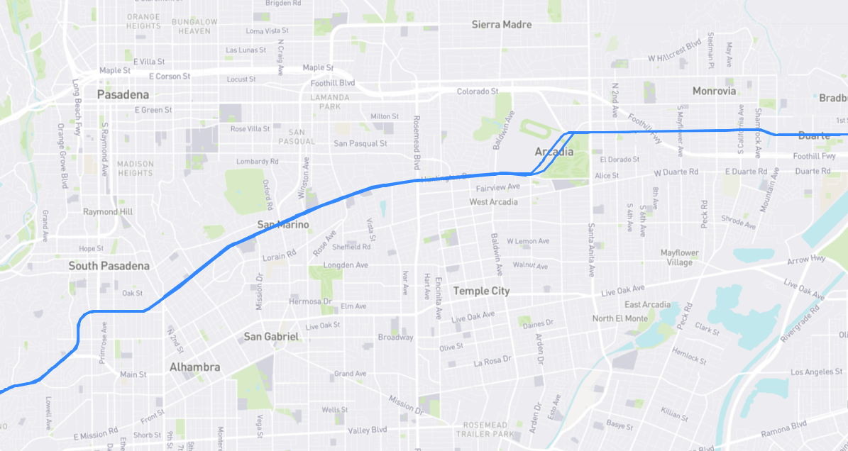 Map of Huntington Drive in Los Angeles County, California