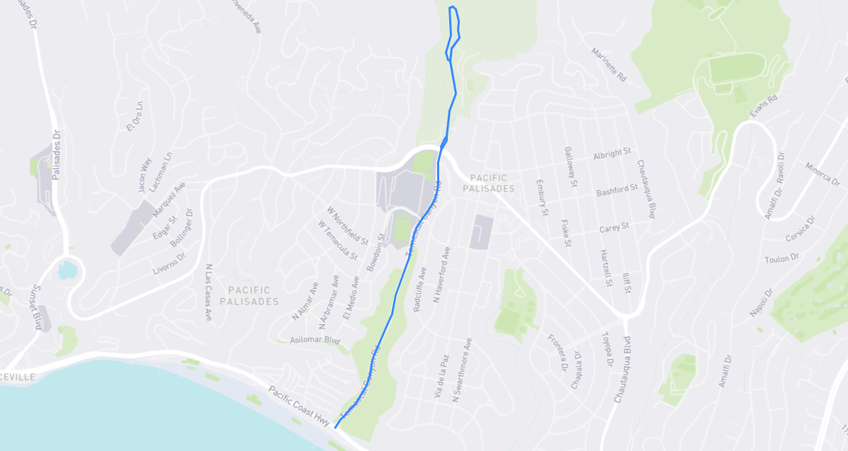 Map of Temescal Canyon Road in Los Angeles County, California