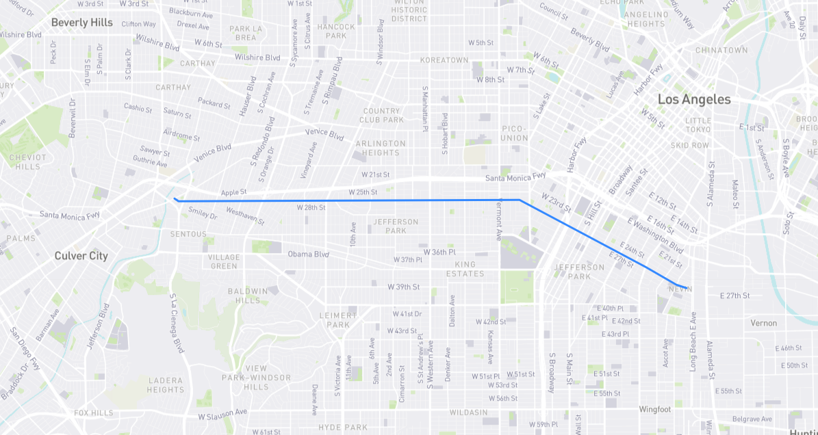 Map of Adams Boulevard in Los Angeles County, California