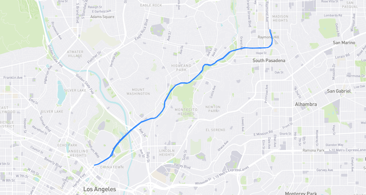 Map of Arroyo Seco Parkway in Los Angeles County, California