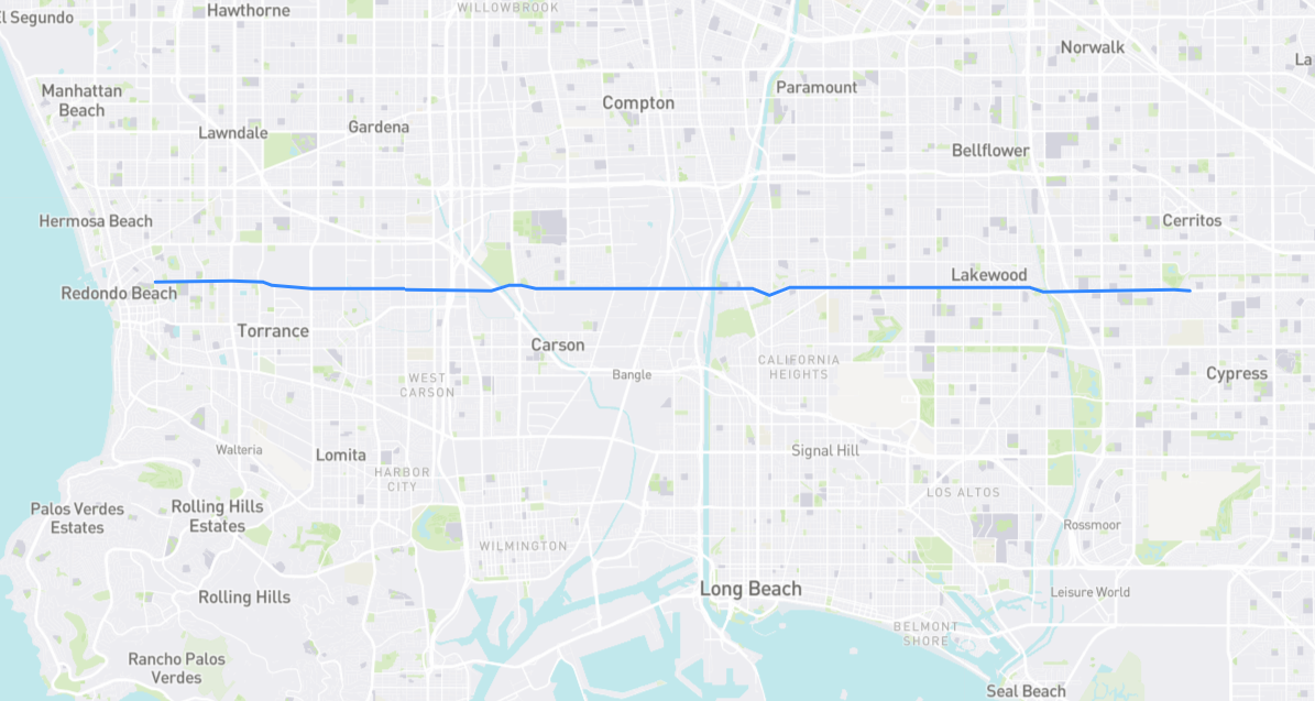 Map of Del Amo Boulevard in Los Angeles County, California