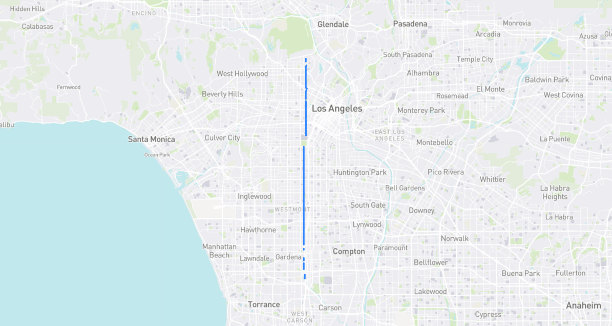 Map of Hoover Street in Los Angeles County, California