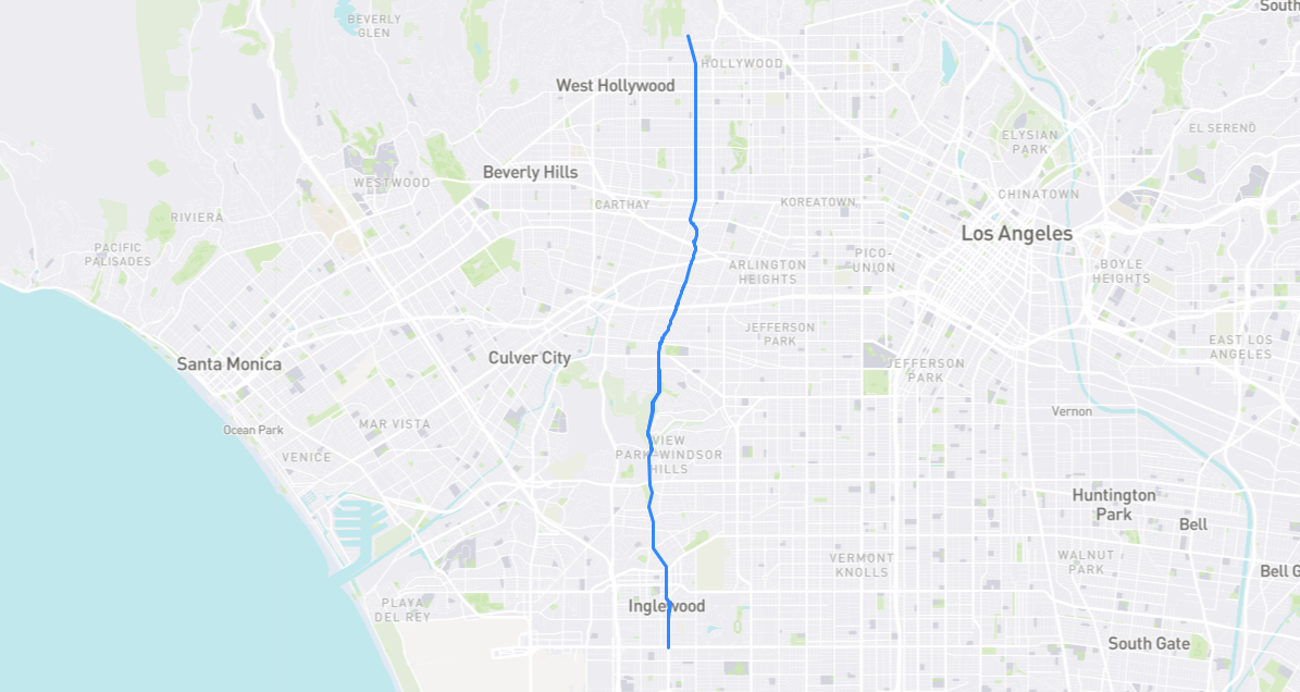 Map of La Brea Avenue in Los Angeles County, California