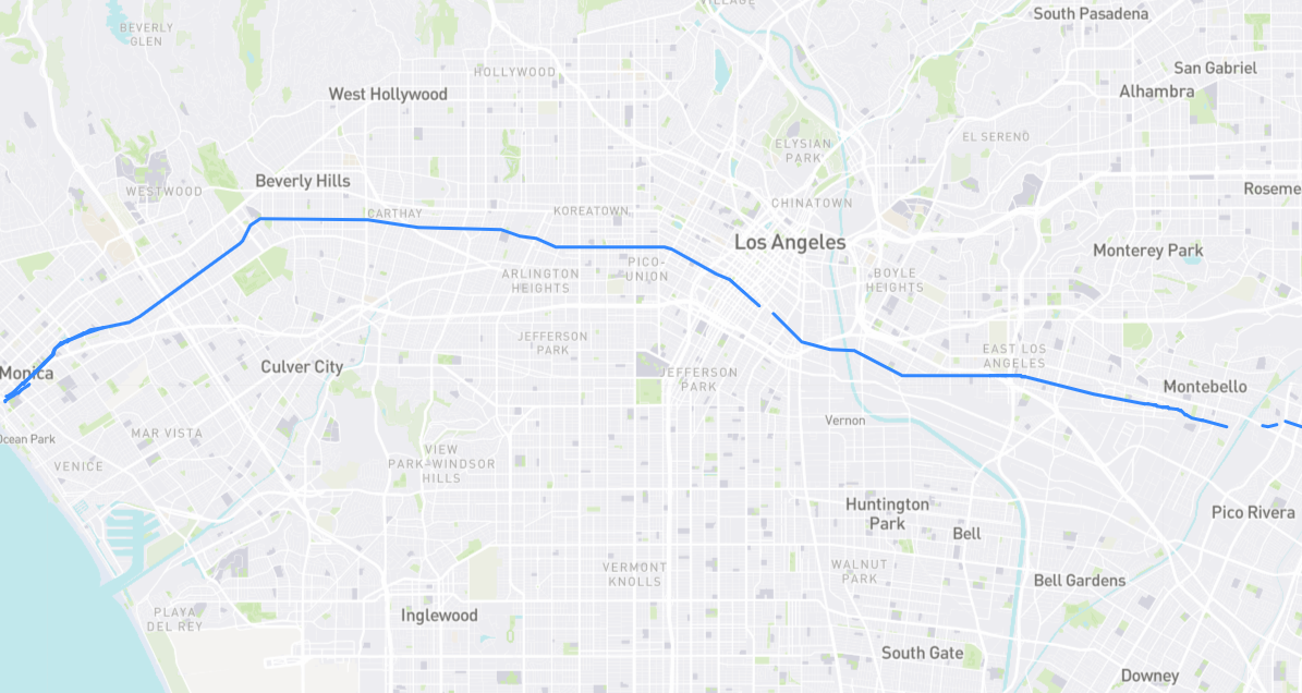 Map of Olympic Boulevard in Los Angeles County, California