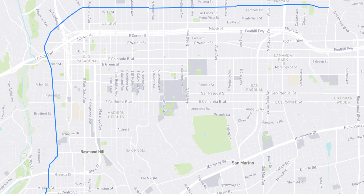 Map of Orange Grove Boulevard/Avenue in Los Angeles County, California