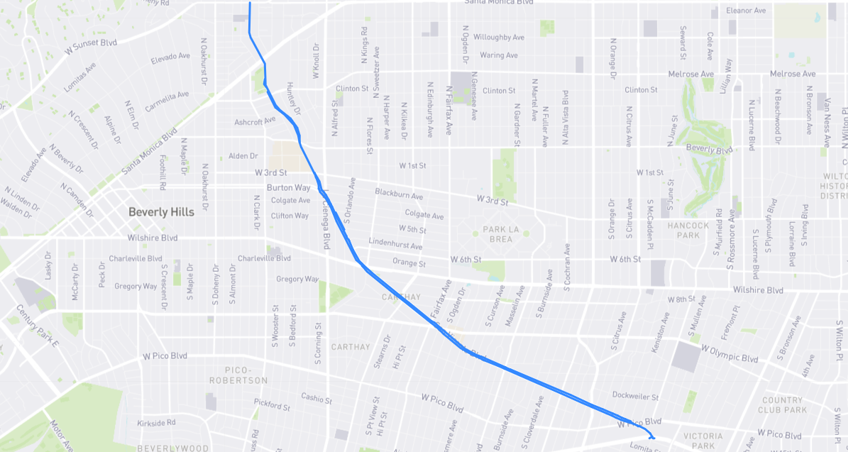 Map of San Vicente Boulevard in Los Angeles County, California