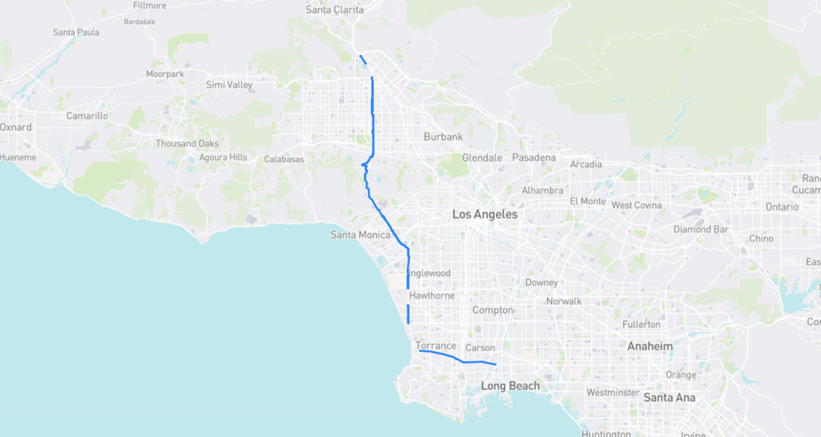 Map of Sepulveda Boulevard in Los Angeles County, California
