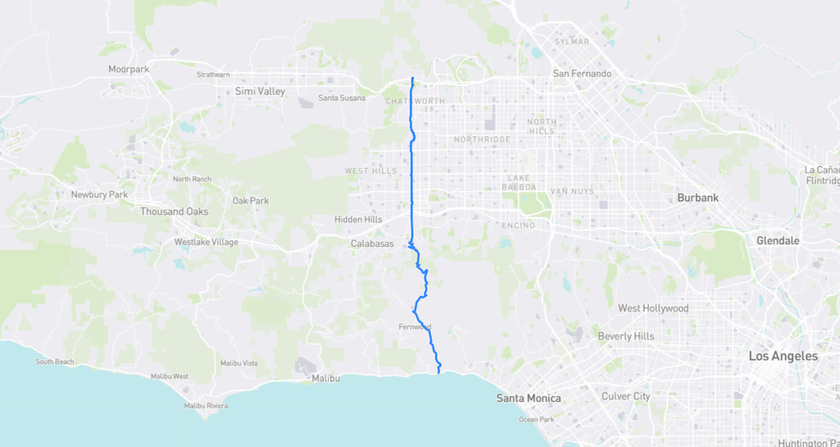 Map of Topanga Canyon Boulevard in Los Angeles County, California