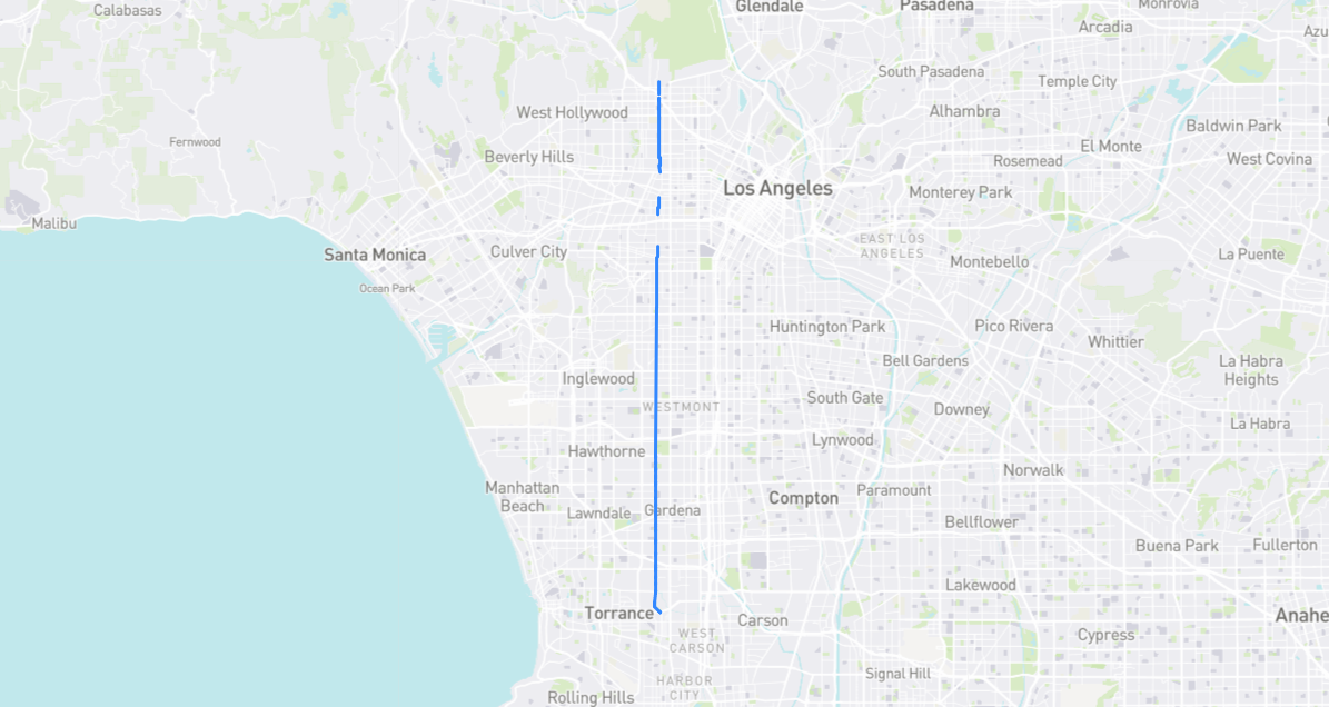Map of Van Ness Avenue in Los Angeles County, California