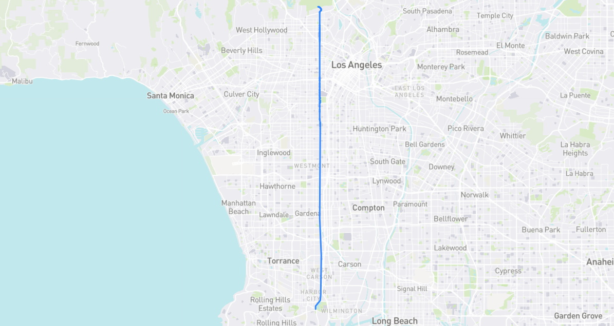 Map of Vermont Avenue in Los Angeles County, California