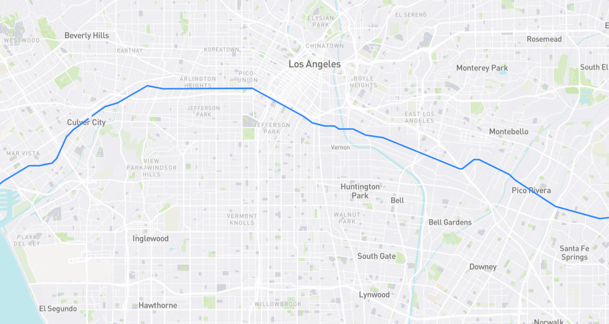 Map of Washington Boulevard in Los Angeles County, California
