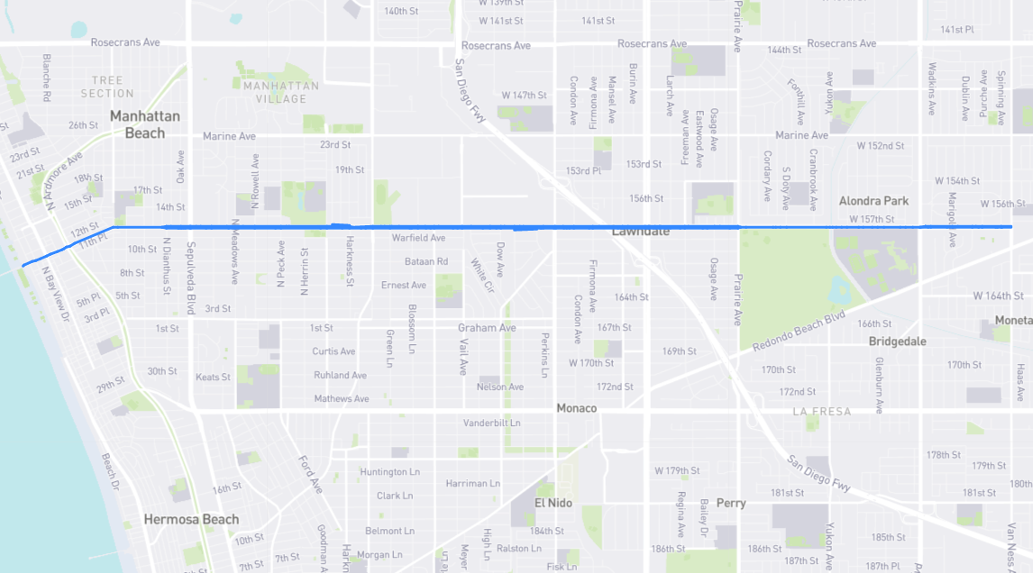 Map of Manhattan Beach Boulevard in Los Angeles County, California
