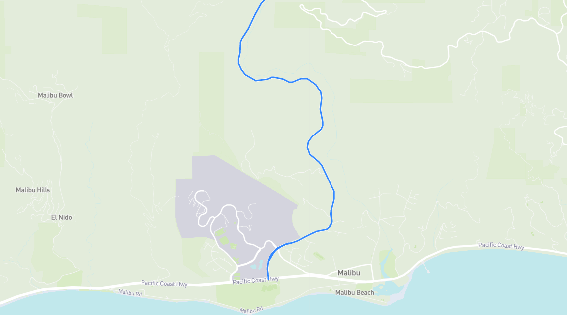 Map of Malibu Canyon Road in Los Angeles County, California