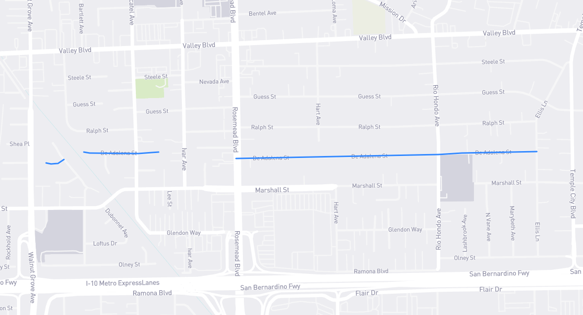 Map of De Adalena Street in Los Angeles County, California