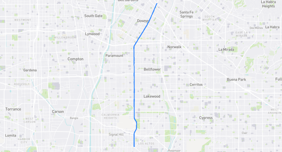 Map of Lakewood Boulevard in Los Angeles County, California