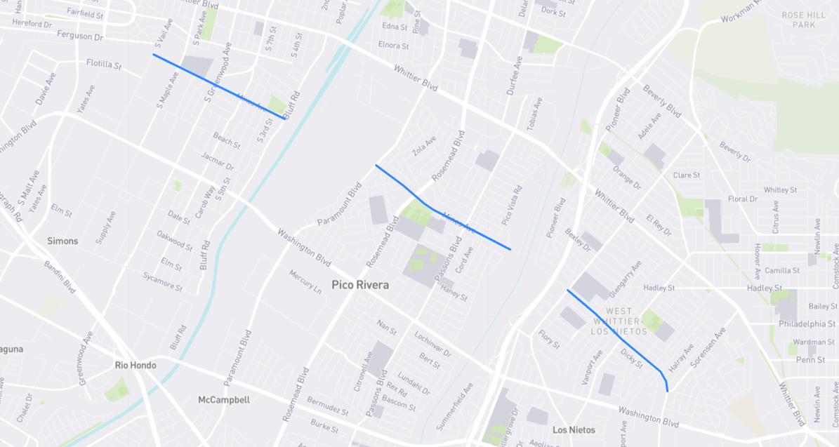 Map of Mines Avenue in Los Angeles County, California