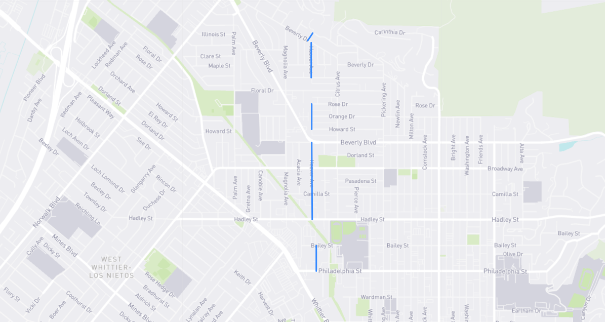 Map of Hoover Avenue in Los Angeles County, California