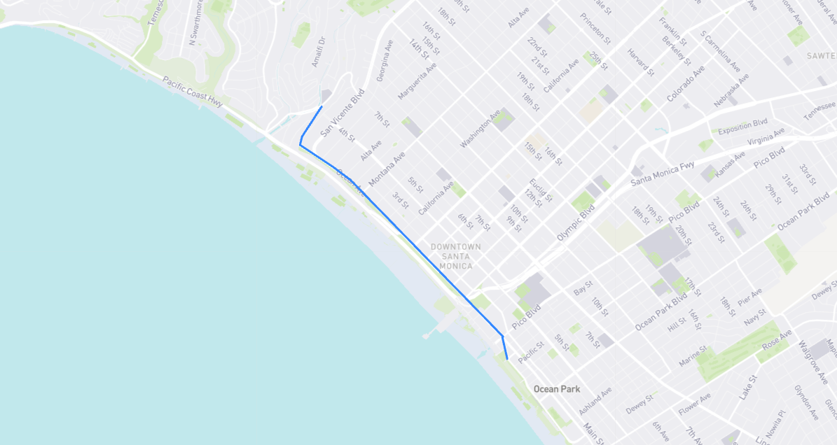 Map of Ocean Avenue in Los Angeles County, California