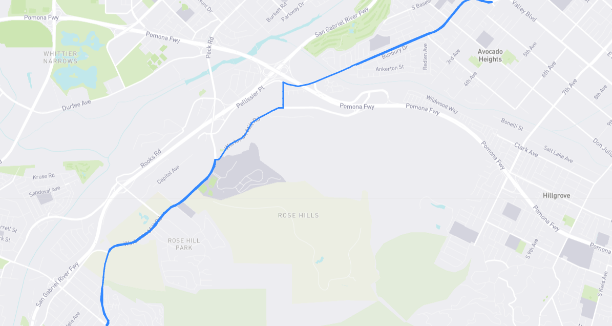 Map of Workman Mill Road in Los Angeles County, California